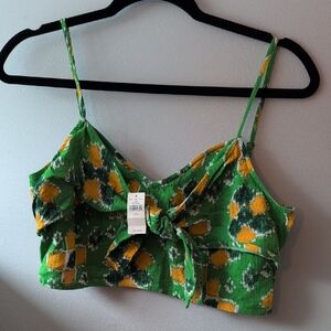 aerie Green Tie-Front Floral Cropped Cami with Yellow Accents